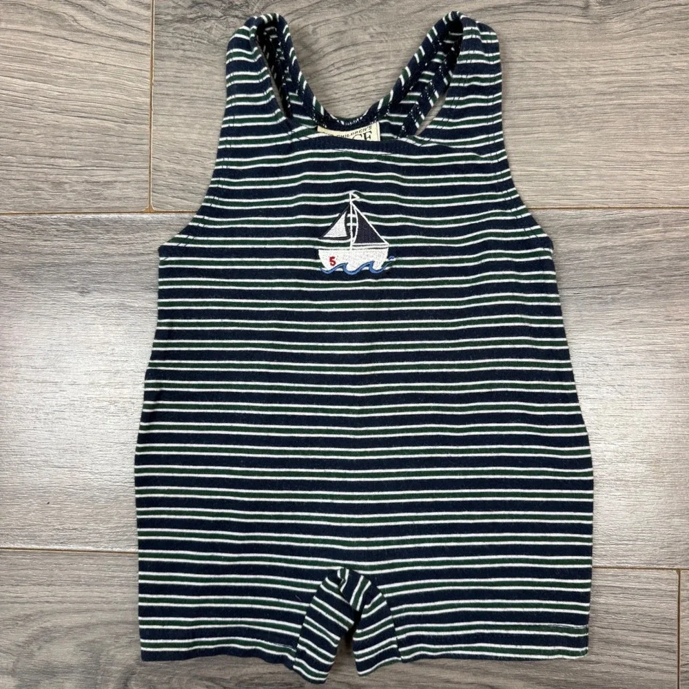 Children's Place Nautical Sailboat Striped‎ Romper Navy Green 18 Months Preppy